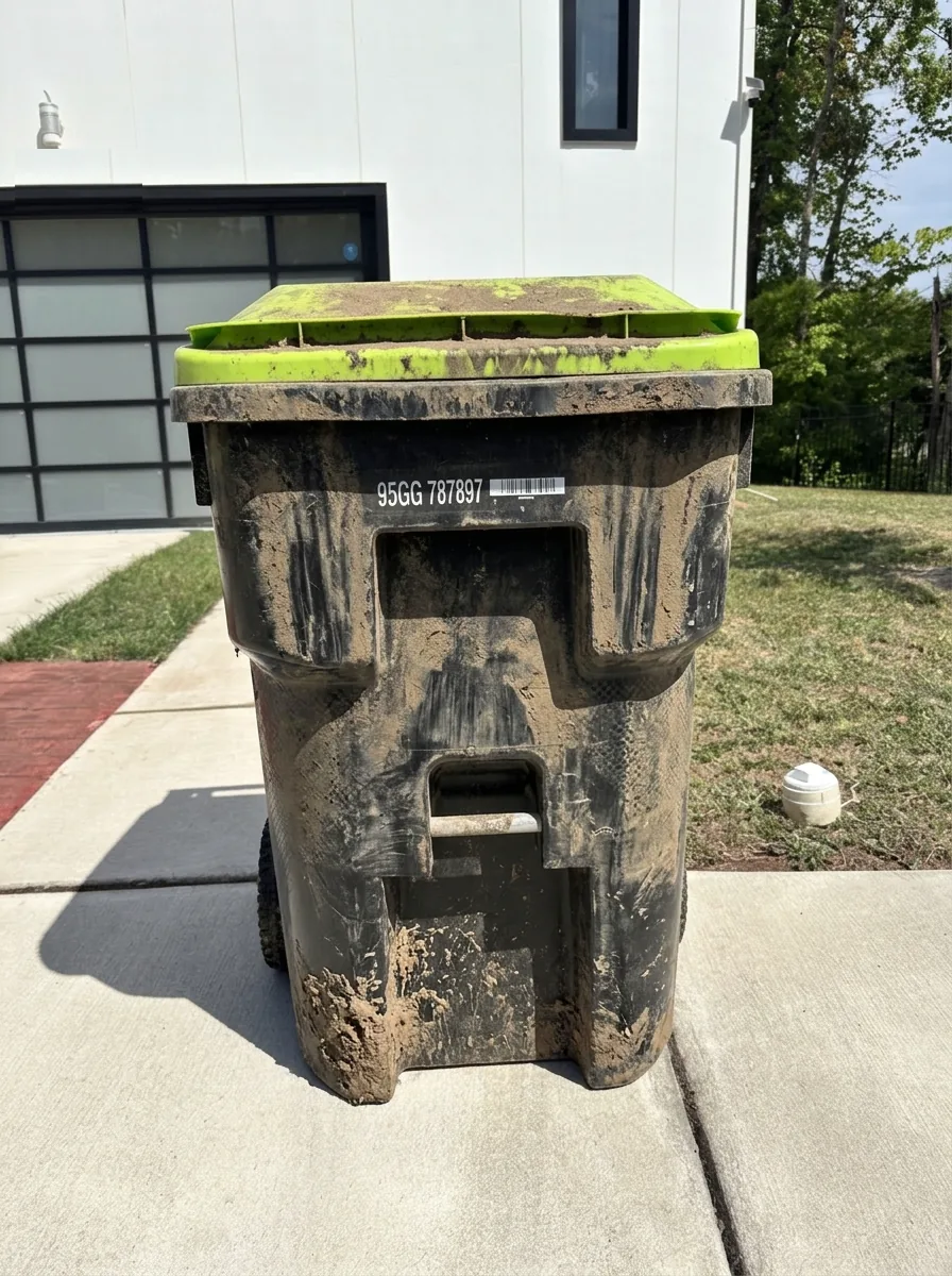 Filthy neglected trash bin before cleaning